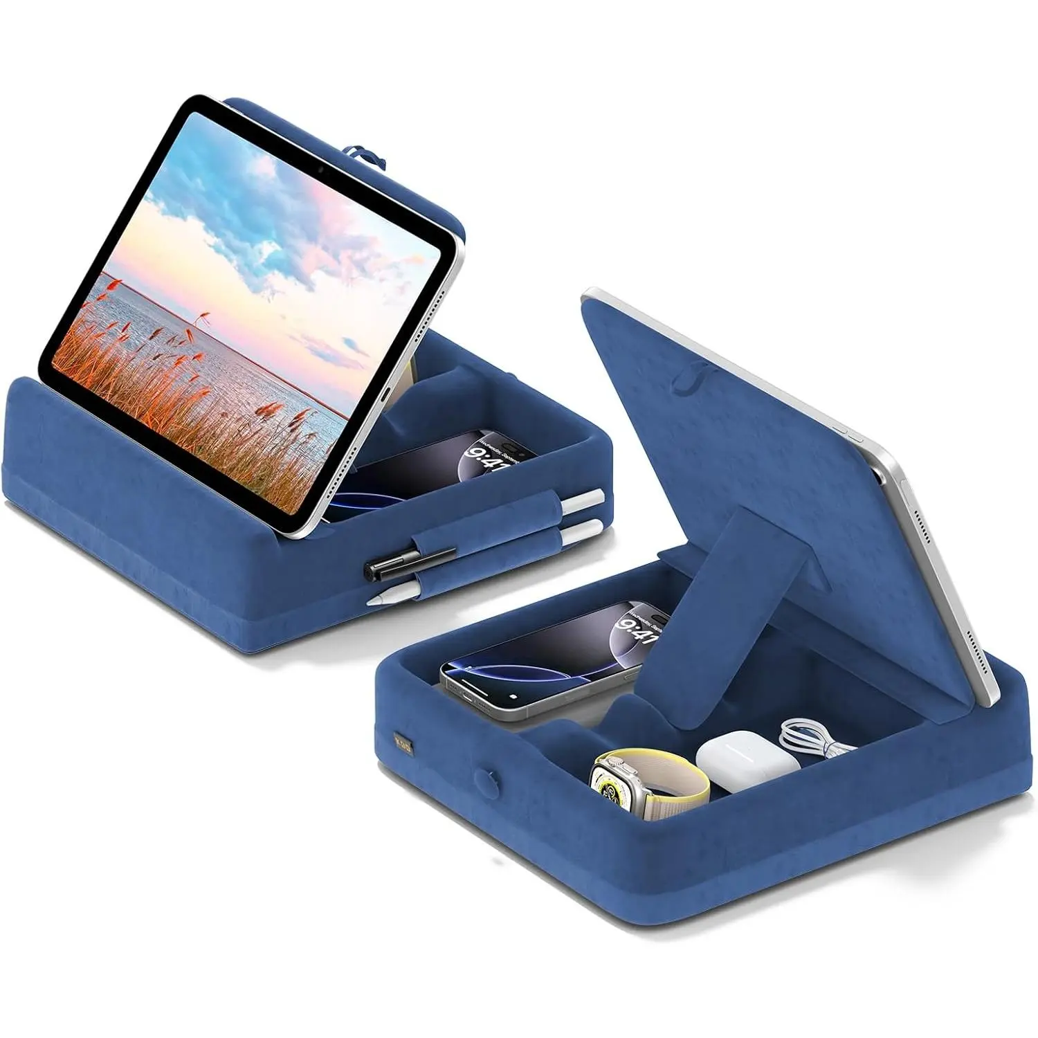 Tablet Pillow Stand with Storage, Foldable iPad Holder for Lap, Desk and Bed, Angle Adjustable Soft Pad Dock with Stylus Mount Compatible with iPad Pro, Air, mini, Book, Phone and Tablet (4-13")