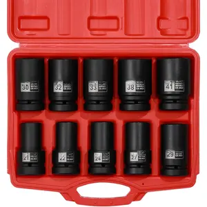 10 count 1-Inch Drive Deep Impact Socket Set, Metric, CR-MO, 21,22,24,27,29,30,32,33,38,41mm, Deep Spindle Axle Nut Impact Socket Set