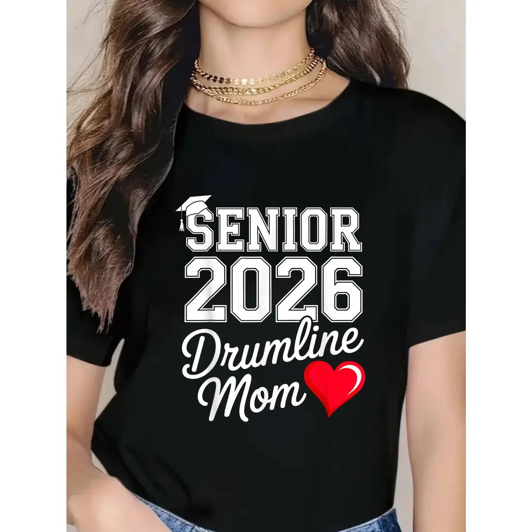 100% cotton unisex “Mom Proud” drumline parent music support T-shirt for seniors (2026); women’s round-neck short-sleeve T-shirt (2026)