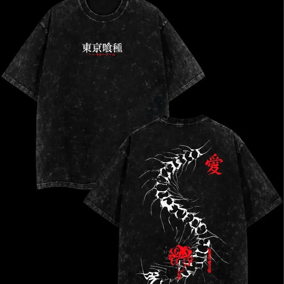 Men's Limited Edition Tokyo Ghoul Kaneki Ken Centipede Graphic Cotton T-Shirt - Acid-Washed, Double-Printed, Ribbed, Seamless Hem, Classic, Basic, Baggy, Lightweight, Round Neck, Soft Fabric, Casual Streetwear Top, Anime Lover Gift, Jeans Pairing Option,,