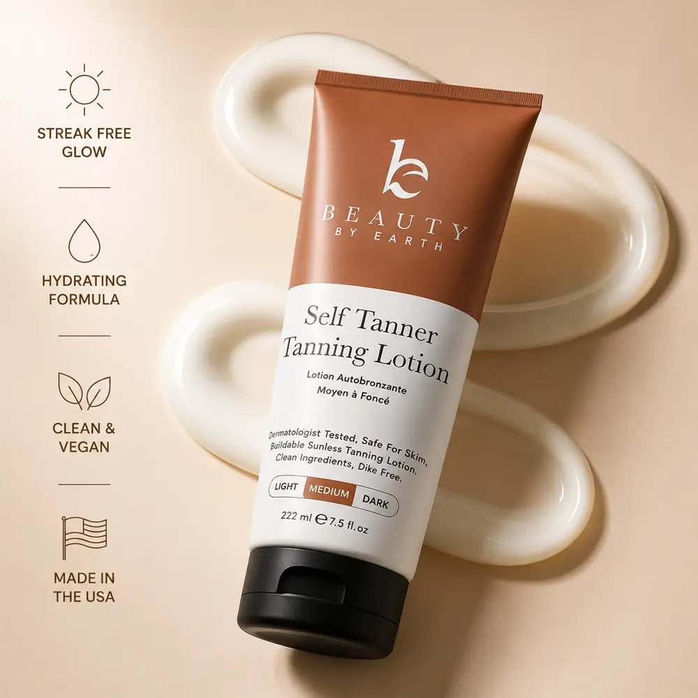 Beauty by Earth Gradual Self Tanner Body Lotion (222ml Large Size) - Dermatologist Tested, Hydrating, Streak-Free, Orange-Free, No-Transfer, Buildable Shades, Sensitive Safe, Vegan Clean USA-Made Sunless Tan for All Skin Tones with Natural Bronze Glow