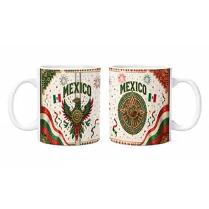 Classic Reusable Glossy Ceramic Coffee Mug - Mexico 2026 Printed Drinkware with Aztec Eagle, Sun Stone Graphic, Mexican Flag Colors, Fiesta Confetti Design - Ideal Gift for Mexico Soccer Fans