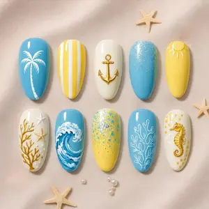 Handmade Gel Press On False Nails - Coastal Summer Beach Ocean Set with Blue-Yellow Designs, Seahorse & Anchor Accents for Vacation Nail Art Decoration