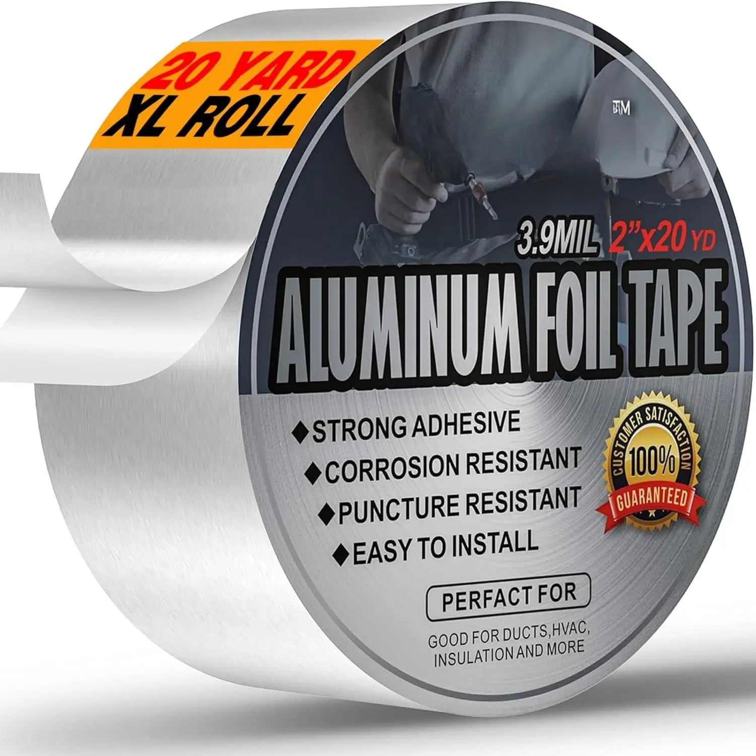 Heavy-Duty Foil Duct Tape - 2in x 20yd Industrial Adhesive, High-Grade, Heat & Flame Resistant, Airtight Seal, Hand Tearable, Easy Installation for Tight Spaces, Stops Air Leaks for HVAC, Metal Surfaces, Indoor Foamboard Ductwork Repairs