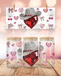Valentine's Day - Rhinestone - Cowgirl Heart UVDTF Sticker Wrap For 16 oz Libbey Glass Cup