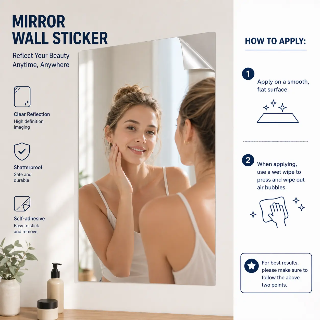 Self-adhesive Mirror Sticker Full-surface Soft Mirror DIY Bathroom Wall Sticker Waterproof for Decoration and Beautification Clear Reflection Shatterproof Easy Application