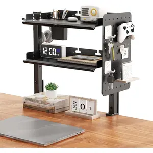 2-Tier Metal Clamp  Desk Shelf, Adjustable 16 inch Desk Storage Shelves with Pegboard and Pencil Holder,Above or Under Heavy Duty Desktop Organizer with Headphone Holder for Desk Accessories (Black)