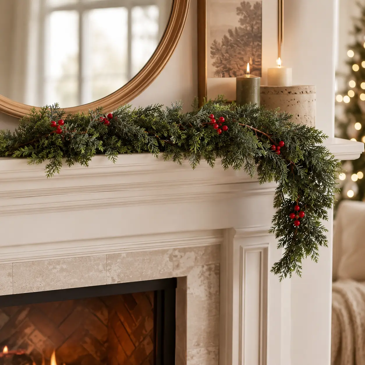 2PCS 6FT Artificial Red Berry Garland, Realistic Large Leaf Evergreen Greenery, Fuller Look Christmas Decor for Fireplace Mantel, Staircase, Front Door & Holiday Home