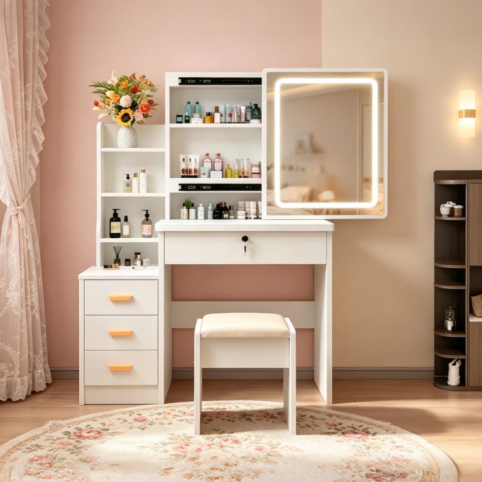 Modern White Vanity Desk with Mirror and Lights 3 Lighting Modes European Style Dressing Table with 4 Drawers & Shelf Makeup Vanity Table for Bedroom Gifts for Girls and Women