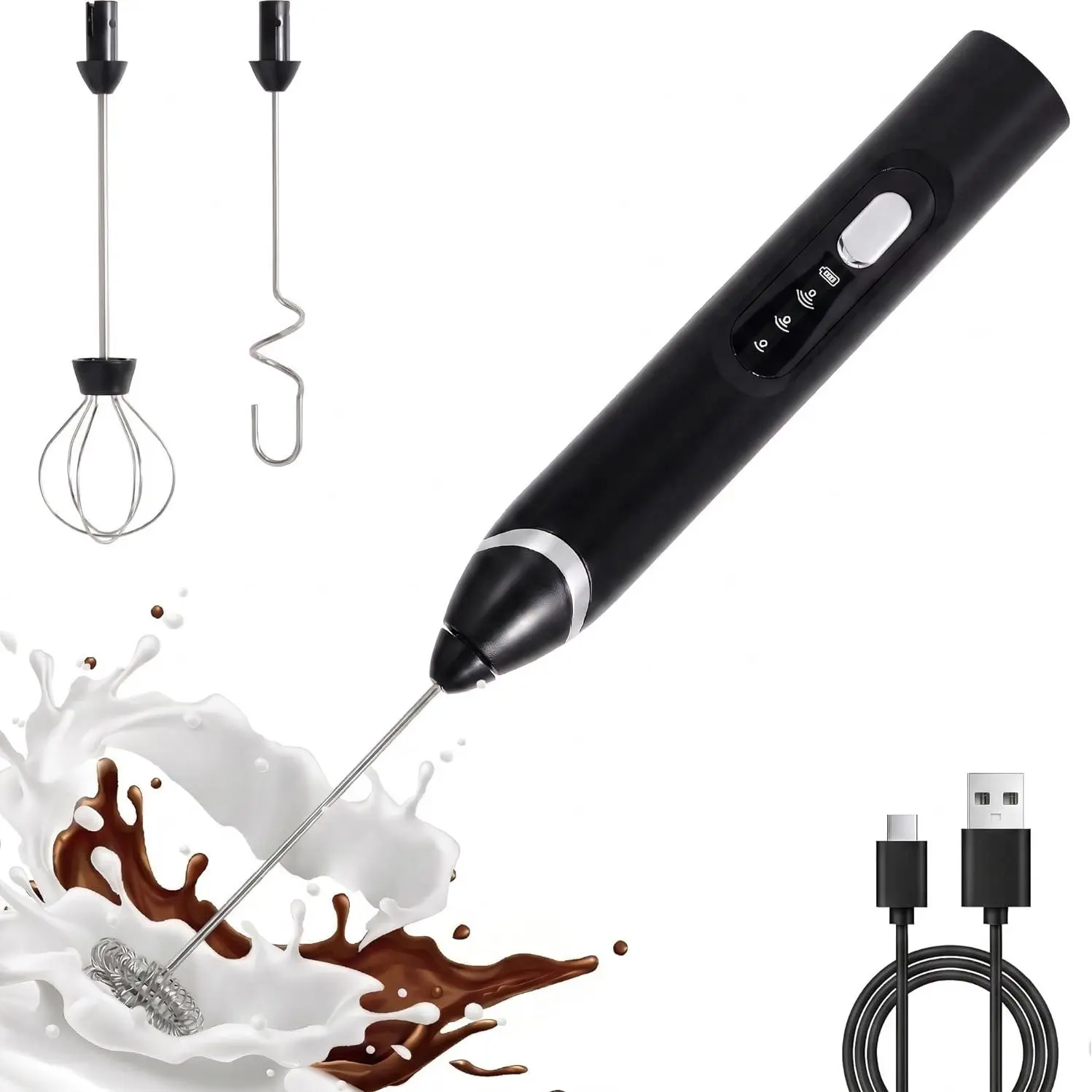 Handheld Cordless Milk Frother, Electric Coffee Frother with 3 Speeds, 3 Replaceable Whisks, USB Rechargeable Foam Maker for Coffee, Latte, Cappuccino, Matcha, Egg Beater Mixer