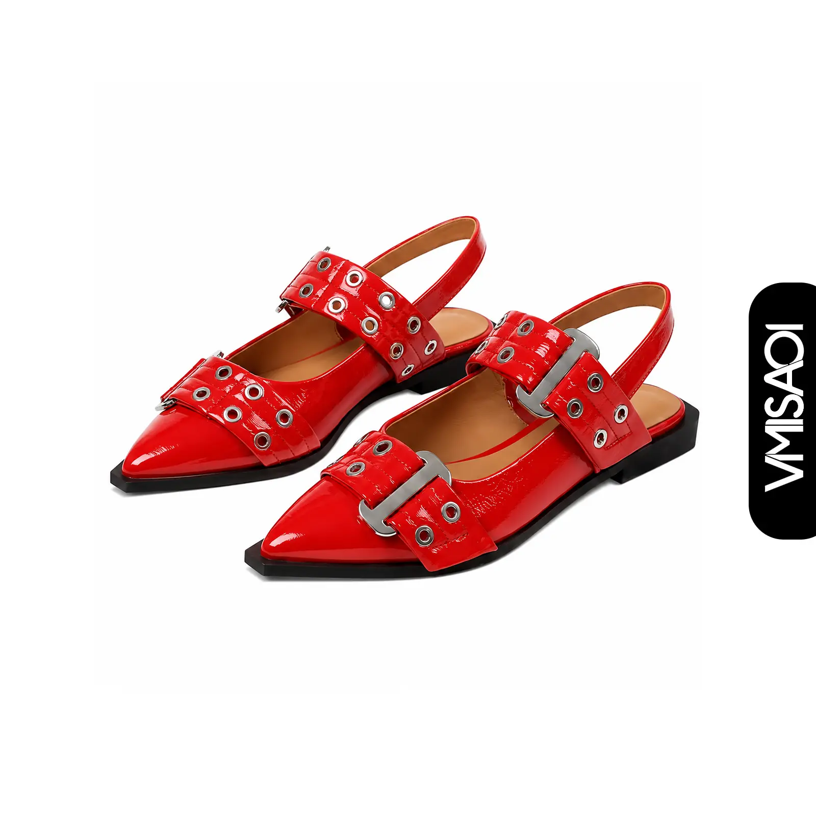 Womens Slingback Ballet Flats Metal Double Buckle Belt Pointed Toe Low Block heel Date Wedding Party Dress Office Casual Outdoor Vacation Comfortable Mary Jane Ballerina Pumps Shoes