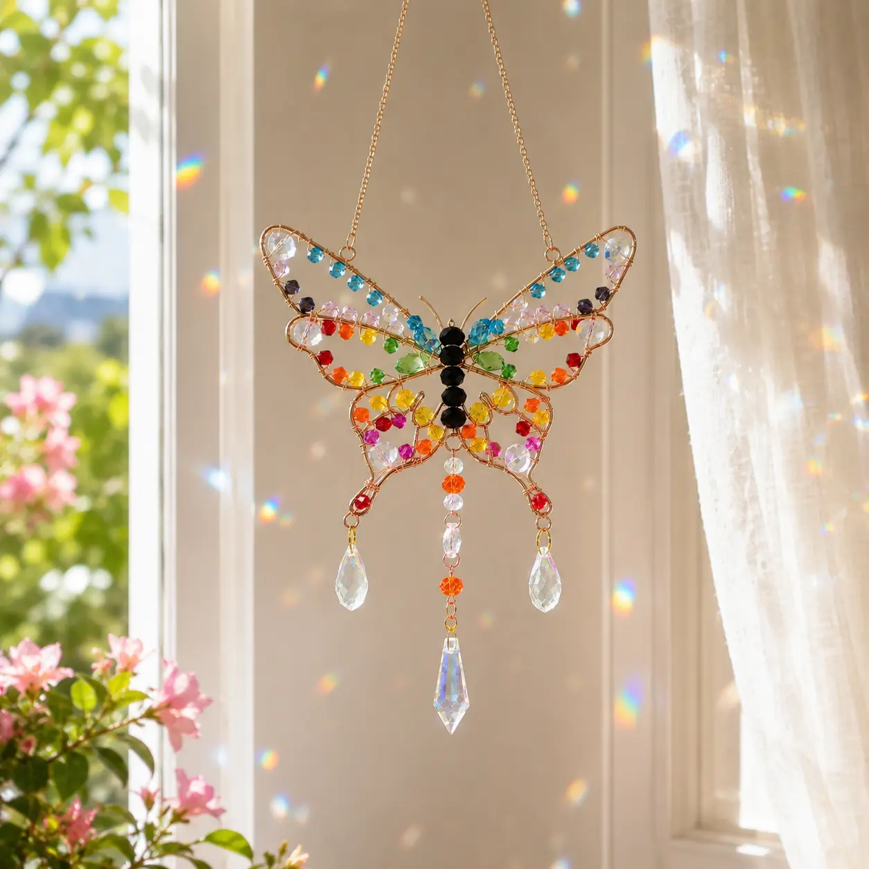 Butterfly Glass Suncatcher for Windows, Rainbow Beaded Suncatcher, Colorful Window Hanging Suncatcher Ornament, Rainbow Prism Hanging Decor, Sun Catcher Decor, Gift for Women Mom