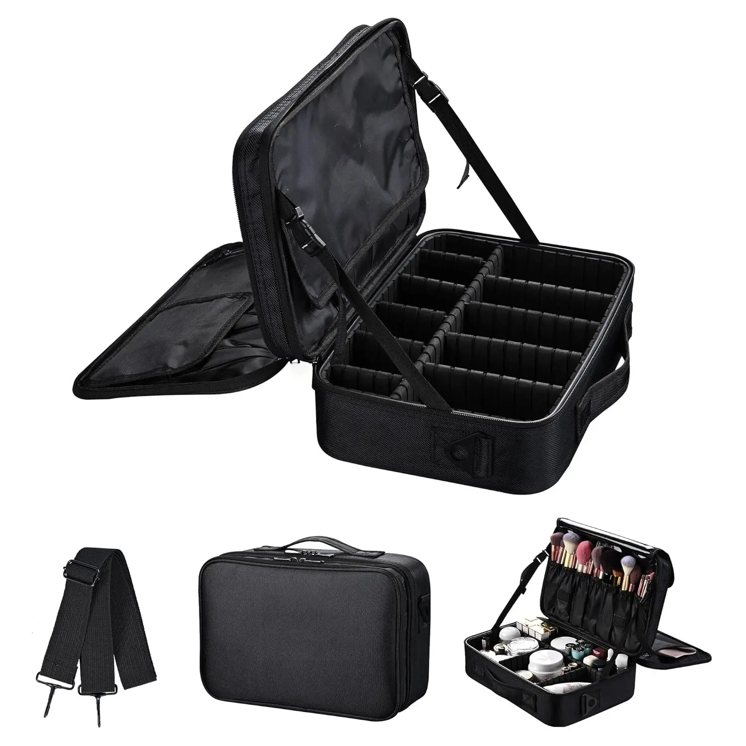 Travel Cosmetic Case, Large Capacity Professional Makeup Case, Cosmetic Makeup Brush Organizer, Makeup Organizer Bag, Travel Cosmetic Bags, Portable Artist Organizer with Adjustable Divider and Shoulder Strap, Black