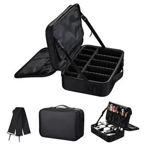 Travel Cosmetic Case, Large Capacity Professional Makeup Case, Cosmetic Makeup Brush Organizer, Makeup Organizer Bag, Travel Cosmetic Bags, Portable Artist Organizer with Adjustable Divider and Shoulder Strap, Black