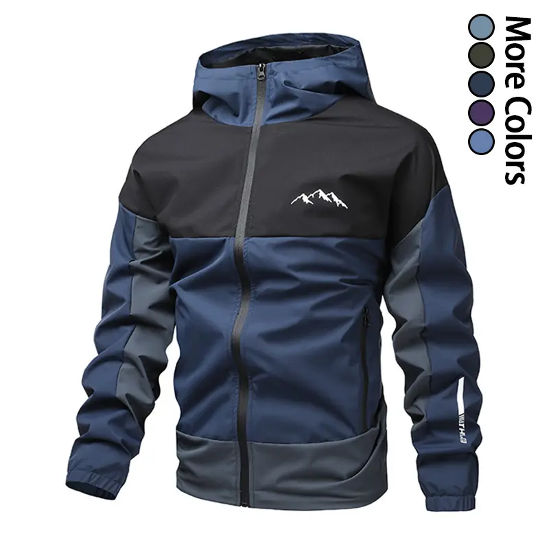 Men’s color-block hooded rain jacket with adjustable drawstring hood, mountain map design, windproof outerwear suitable for camping and sports