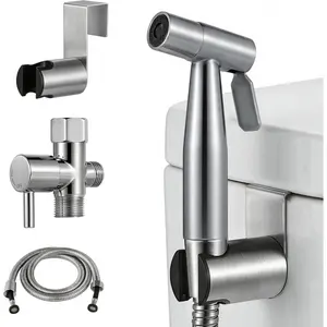 Stainless Steel Handheld Bidet Sprayer Wall Mount Dual Nozzle for Female Flushing Baby Cloth Diaper Washing Bathroom Toilet Adapter Hose control pressure water outdoorfun Fits US Standard 7/8" Toilet durable bidet sprayer kit hand