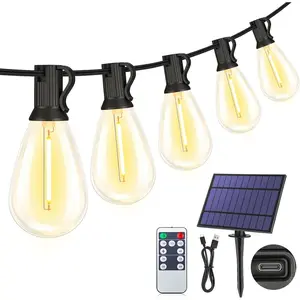 25FT Solar String Lights with Remote, 3 Lighting Mode Outdoor Waterproof Dimmable Patio Lights String with 10+1 Shatterproof S11 LED Bulbs for Backyard-Black