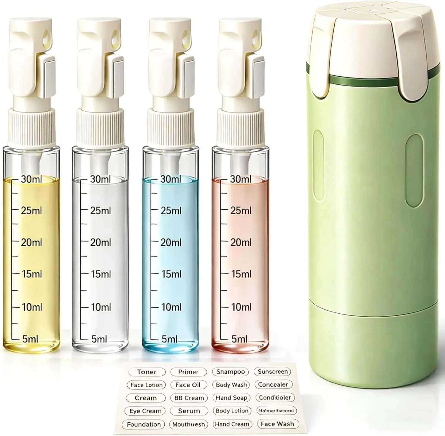 4 in 1 Travel Dispenser Bottle with Scale Label, TSA Approved Leak Proof Refillable Toiletry Containers for Shampoo, Conditioner, Lotion & Skincare – Easy Clean Travel Bottles for Gym, Business