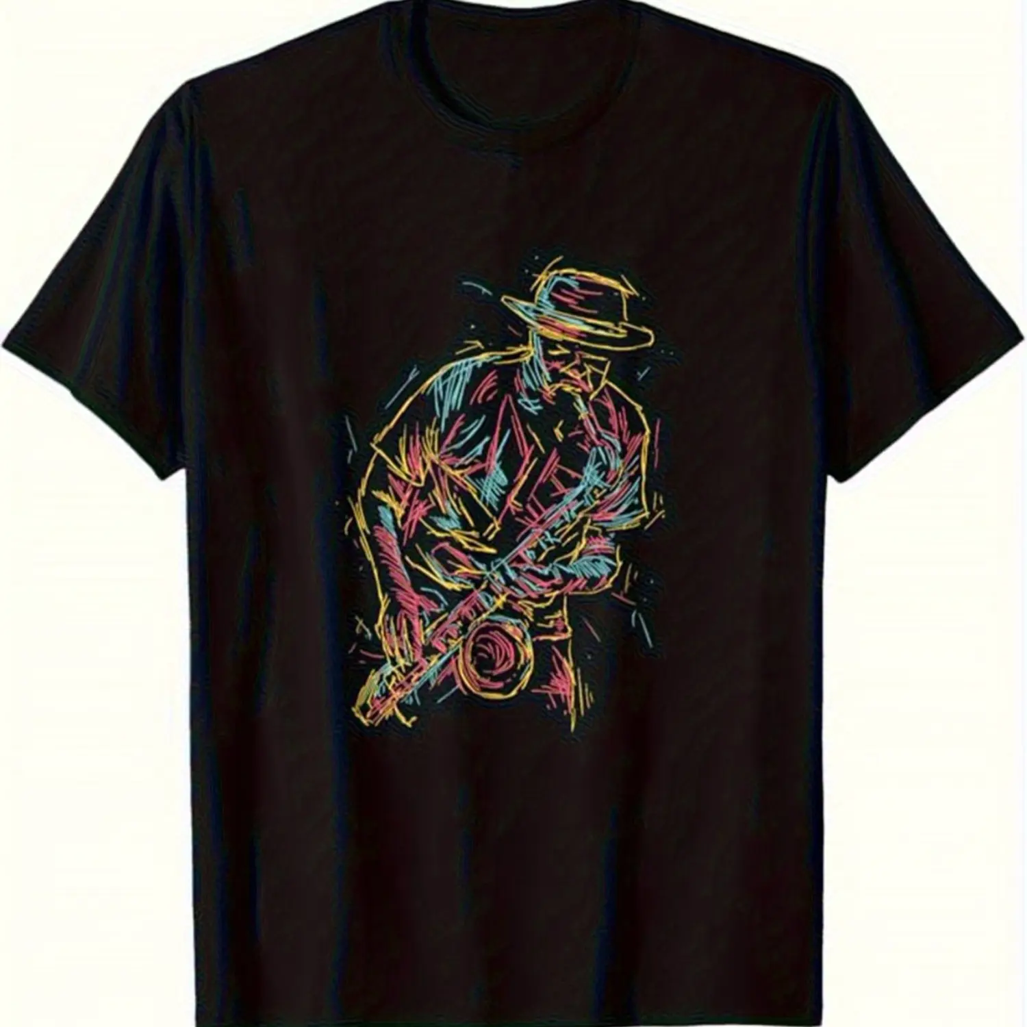 Men's Black Jazz Saxophone Graphic T-Shirt - Casual Short-Sleeve Round-Neck Tee with Vibrant Music-Inspired Design, Breathable and Comfortable, Perfect for Music Enthusiasts