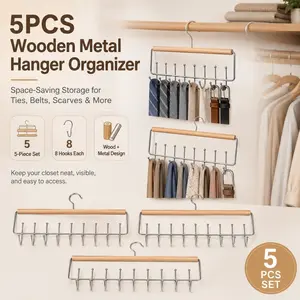 5pcs Wall-mounted Metal Hanger Storage with Retro Wooden Design and 8 Hooks - Perfect for Hats, Towels, Camisoles and More - Ideal Storage Solution for Wardrobes, Bedrooms and Bathrooms (Suitable for Over 10,000 Households, Model: DM043-3829)