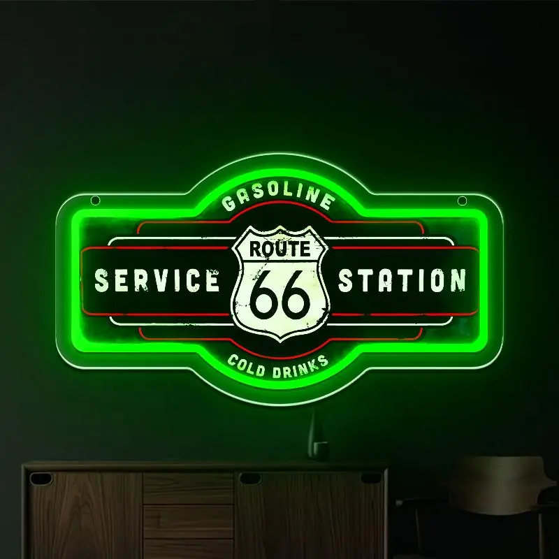 LED Lighted 'Route 66 Service Station' Neon Style Wall Sign