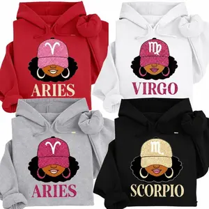 [Full 12 Zodiac] Zodiac Vibes Hoodie _ Red -Black-White-Sport Grey _ Afro Woman Astrology Sign Pullover with Sparkly Hat Graphic, Unisex Horoscope Crewneck Gift for Aries, Virgo & Zodiac Lovers, Trendy Aesthetic Sweater