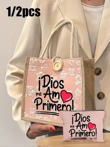 Me Amo Primero! Faith-Based Linen Tote Bag Set, Trendy Tote Bag, With Matching Pouch, Multi-Purpose For Daily Shopping, Church Events & Travel, Large Capacity Shoulder Bag, For Gifting, Ramadan, Easter & Valentine's Day Gifts
