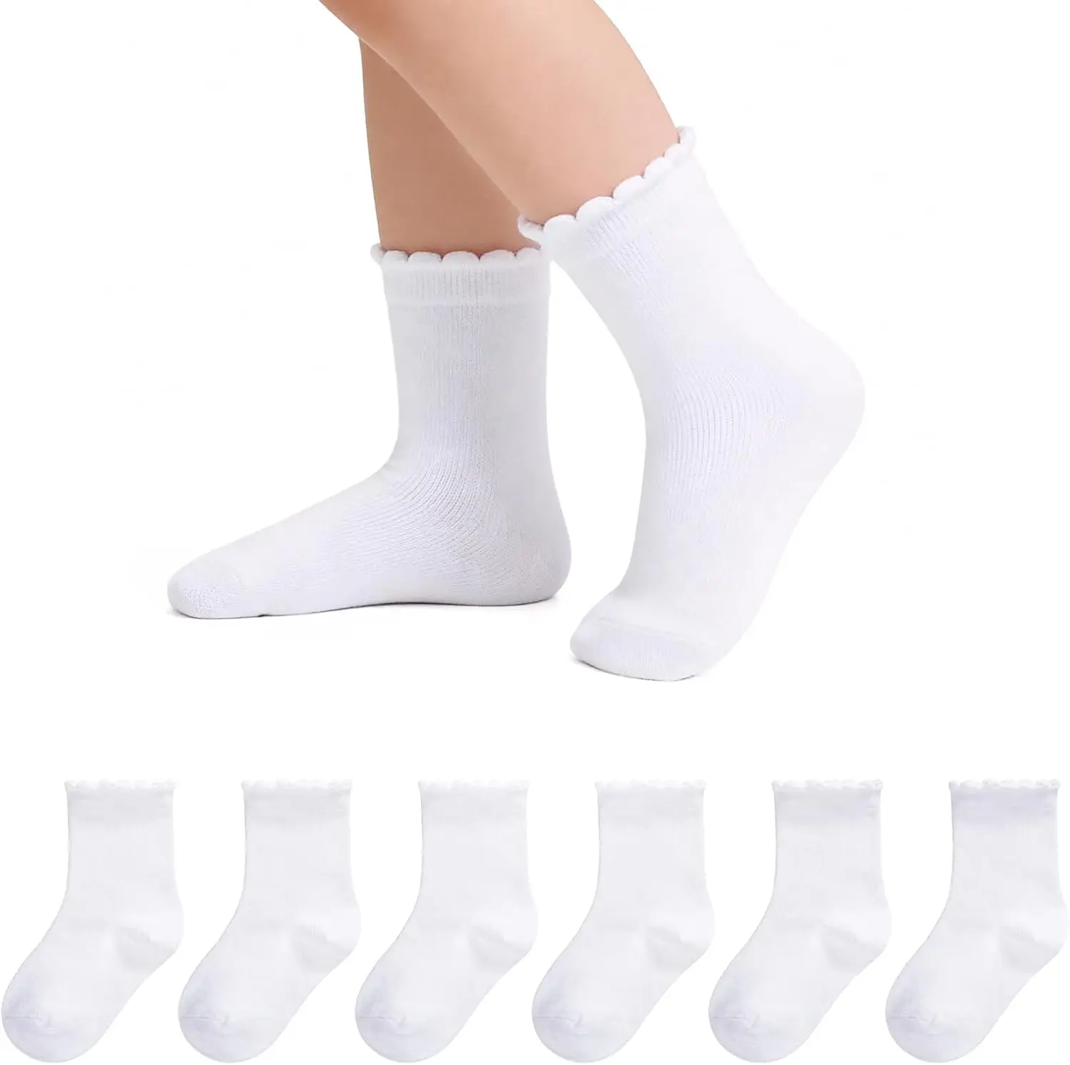 6 Pairs Girls White Socks Soft Cotton Ruffle Sock School Uniform Dress Socks Size 6 Months-12 Years