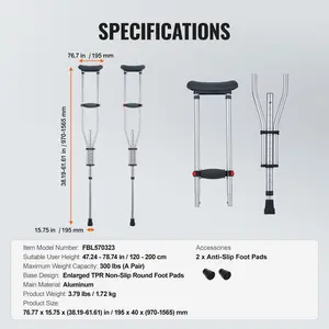 VEVOR Underarm Crutches, 13-Level Height Adjustable Underarm Walking Crutches, Lightweight Aluminum Crutches for Adults Teenager - with Soft Underarm Pad for Leg Injury Surgery Disabled, 1 Pair 300LBS