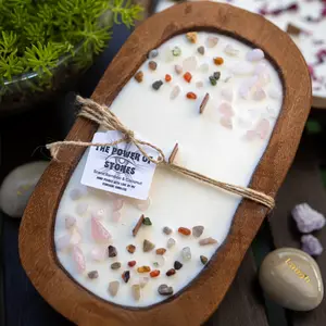 Powerful Stones Dough Bowl Wooden Soy Candle / Farmhouse Candle / Energy Healing Crystal Candle / Soy Intention Candle Decor Decoration