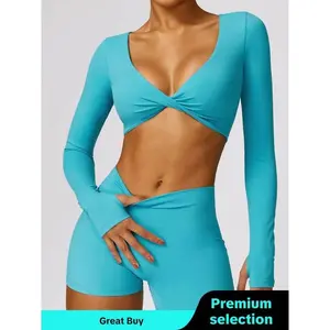 Two-piece Set Women's Solid Twist V Neck Tracksuit Set, Sporty Breathable Long Sleeve Crop Top & Skinny Shorts for Gym Workout Running, Minimalistic Outfit,  Jogging Suit Set, Black Girl Outfits, Fall Outfits