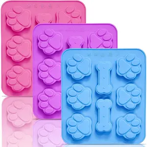 3 Packs of Silicone Molds with Puppy Paws and Bones, Reusable Non Stick Ice Tray and Flexible Candy Chocolate Molds for Homemade Dog Snacks, Pudding, Jelly, and Baked Cookies