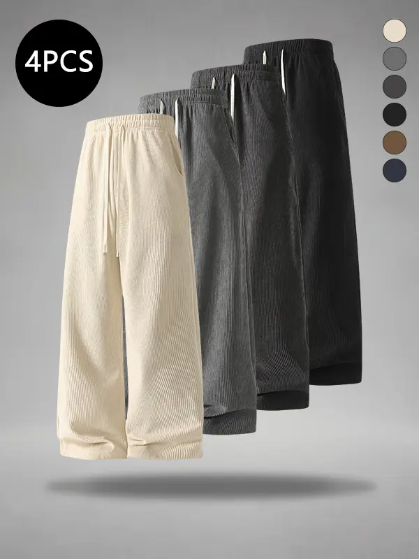 Men’s 4-pack corduroy straight-leg pants, loose fit, wrinkle-resistant with a fluid drape, versatile casual style for spring, autumn, and winter