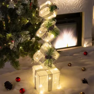 Set of 4 Christmas Lighted  Boxes, 3FT Pre-lit 70 LED Stackable Light Up Present Boxes Ornament, Xmas Tinsel Boxes Decorations for Indoor Outdoor  Yard Lawn Decor