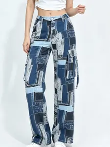 Patchwork Fitted Maxi Cargo Jeans Women's Edgy BottomsStatement Streetwear Beach Zipper Button Wide LegColorblock Design