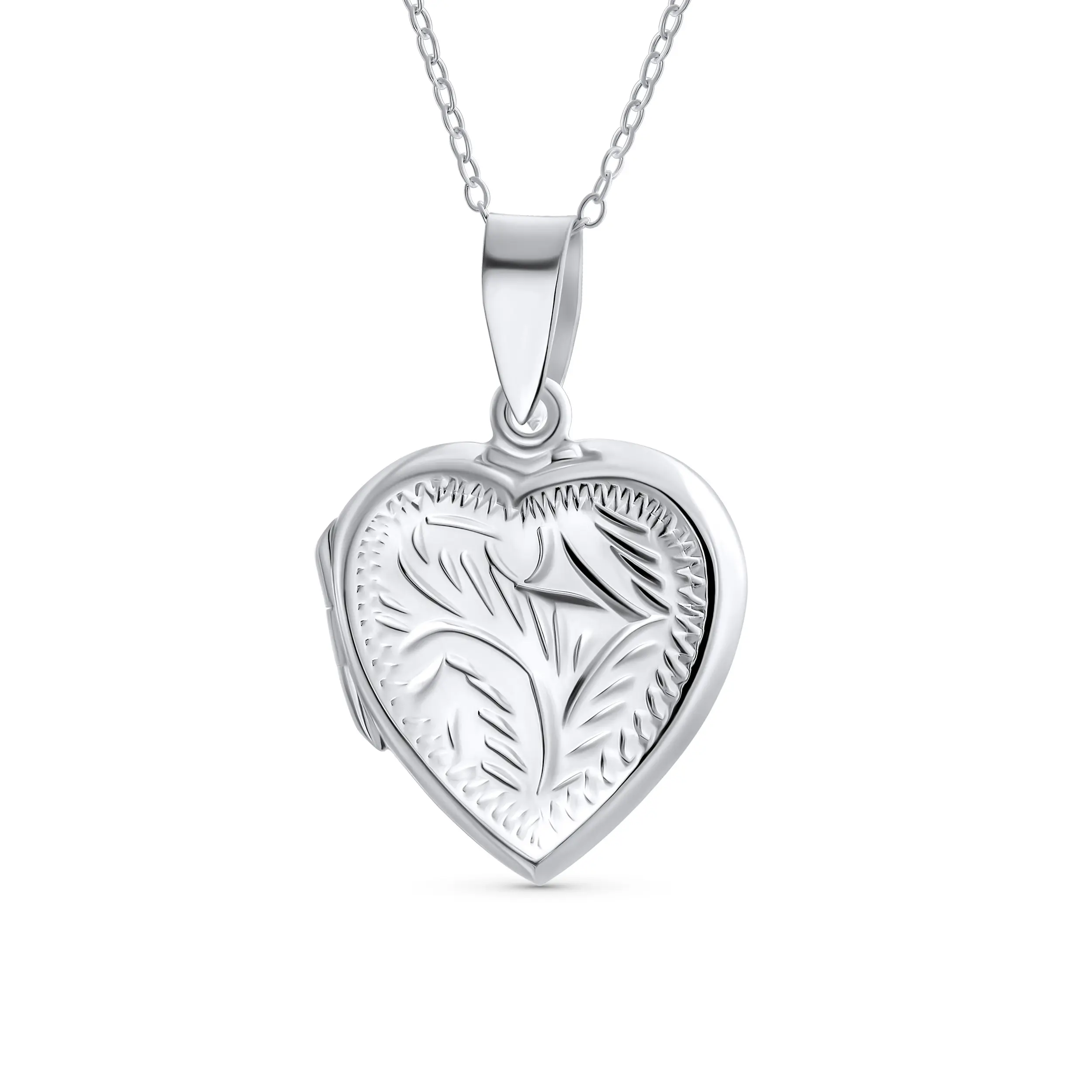 Vintage Style Keepsake Leaf Design Heart Photo Locket Necklace Pendant .925 Silver