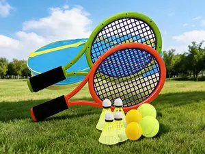 le triangle tennis racket，17 Inch Kids Plastic Tennis Racket Set, includes 2 soft balls, 2 tennis balls and 4 shuttlecocks. Lightweight toddler sports kit for indoor and outdoor casual play.