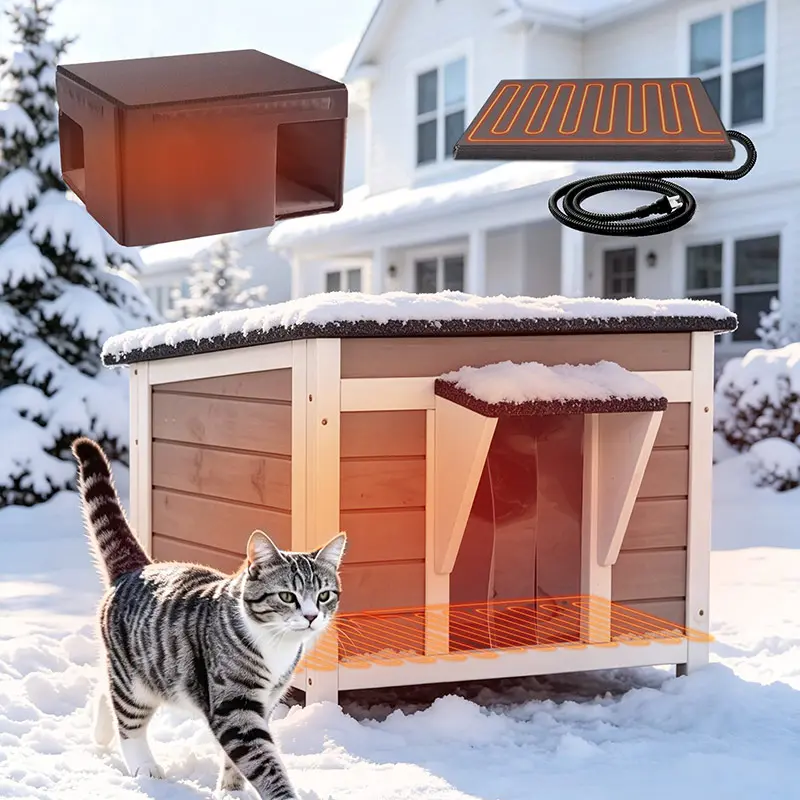 Aivituvin AIR12-HP Winter Solid Wood Cat House - 6-Sided Insul., Heating Pad, Heat Control, Removable Liner, Cozy Shelter for Outdoor Cats in Snowy Weather