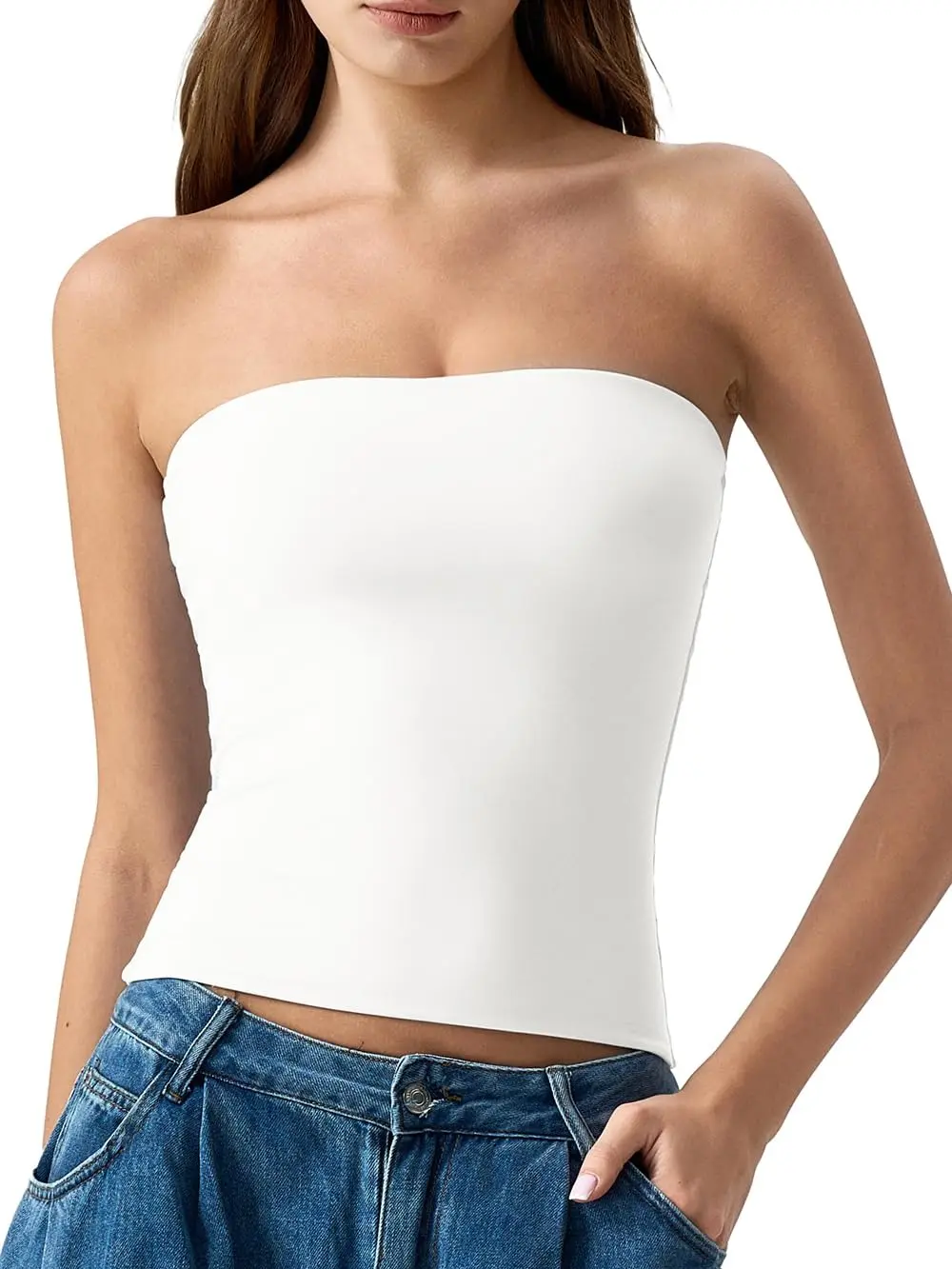 Women's White Tube Top Double Lined Strapless Bandeau Top Summer Slim Fit Going Out Tank Tops