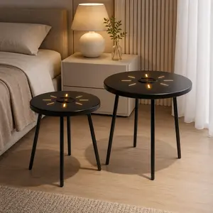 Solar Powered Side Table 2 Pack Outdoor Indoor Nesting Round End Table Set with LED Light Black Metal 19 7 Inch 15 7 Inch for Patio Garden Living Room outdoor furniture set patio furniture set coffee table table side table end table living room furniture