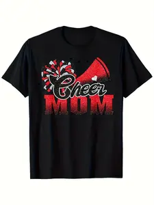 Women's Cheer Mom Graphic T-Shirt - Black with Red & Glitter Lettering & Cheerleader Pom-Pom Accent - Stretchy All-Season Soft Cotton Tee - Funny Cheerleading Squad Shirt for Sports Events, Mother's Day Gift - Comfortable Casual Short Sleeve Top for Cheer