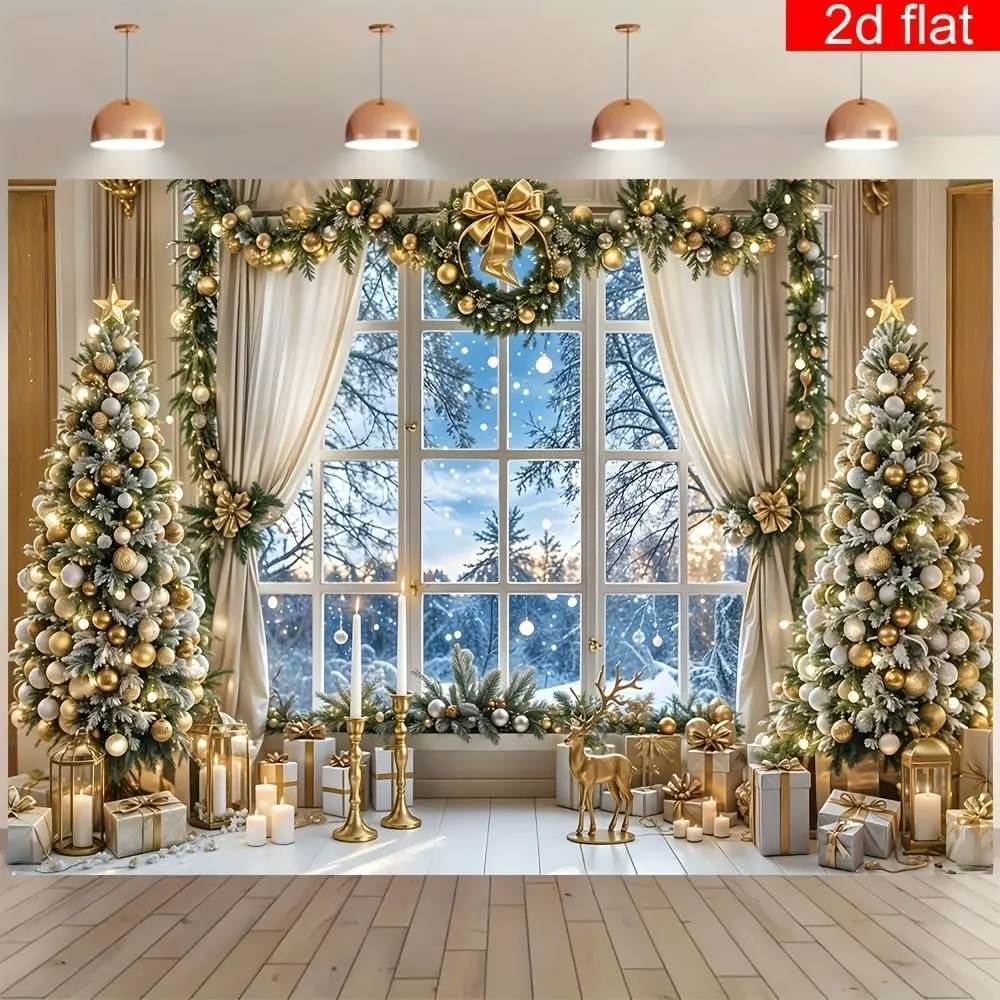 Christmas Party Banner - 1pc 2D Flat Polyester Backdrop with Christmas Tree Window Design, Durable Indoor-Outdoor Decoration, Vibrant Room Decor for Winter Holidays, Living Room Photography Ornament,summerwins