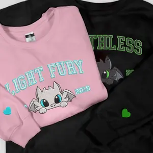 Embroidered Matching Cartoon couple outfits Toothless and Light Fury Couple Sweatshirts, Dragon's Couple Sweatshirts, How To Train Your Dragon Sweatshirts, Valentine Sweatshirts, Valentine's Day Gift, Anniversary Gift for Her,Him Sweatshirts