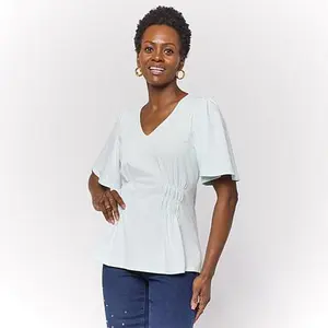 DG2 by Diane Gilman Flutter-Sleeve Shirred Waist V-Neck Knit Top