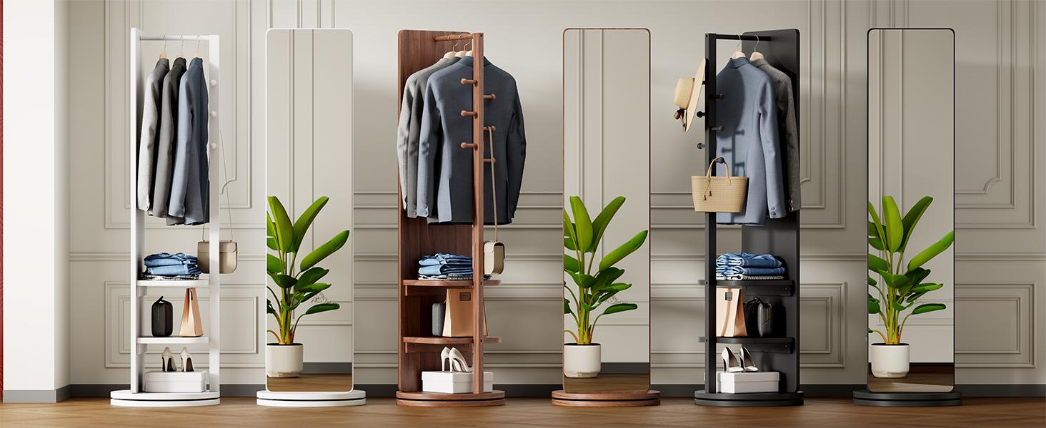 Full Length Mirror with Coat Rack & Storage Hooks, Solid Wood Standing Floor Mirror, Multifunctional Dressing Mirror for Bedroom & Living Room, Space Saving Home Décor Furniture