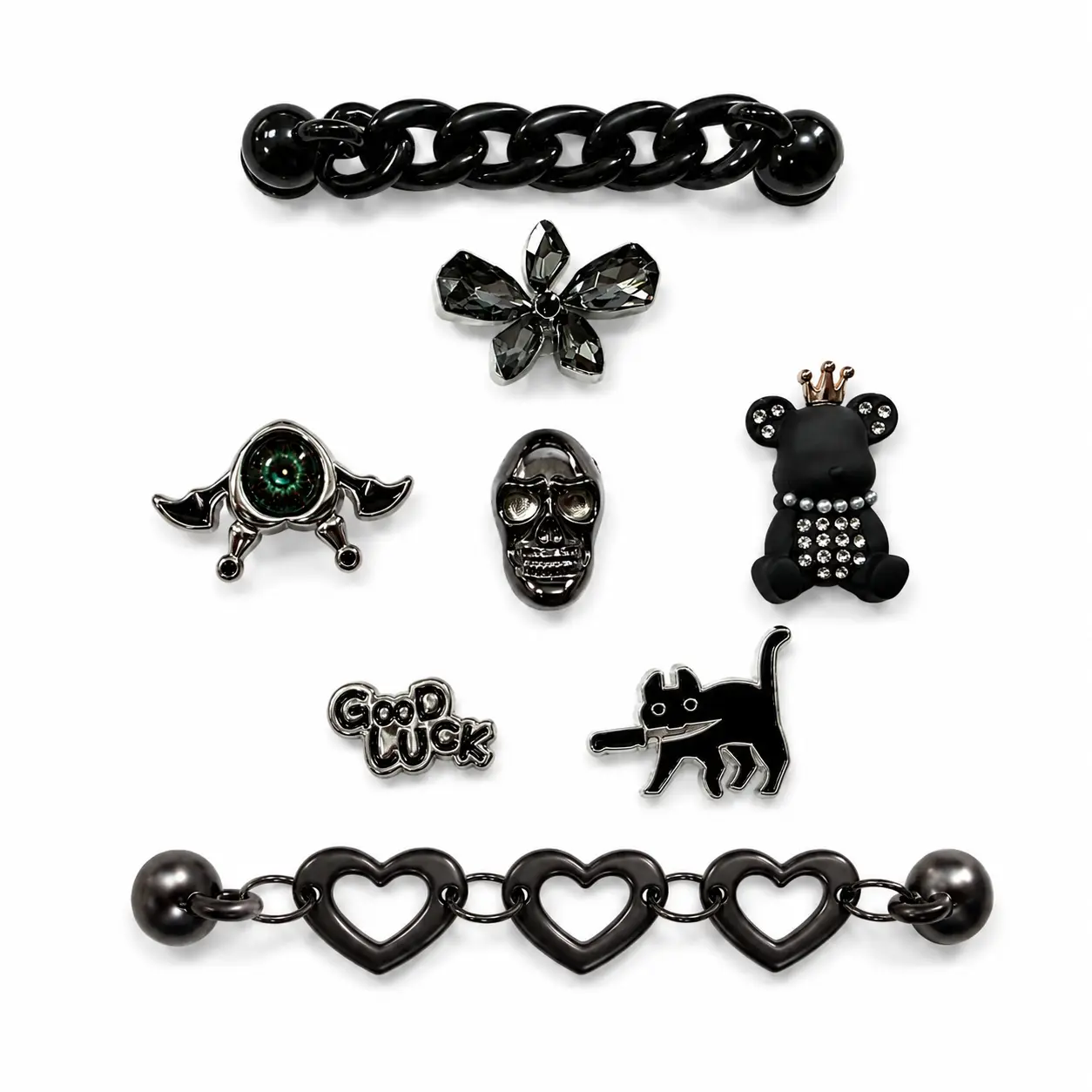 8PCS Gothic Cartoon Shoe Charms Set - 6 Dark Punk Charms, 2 Decorative Chains, Skull Evil Eye Black Cat Crowned Bear Crystal Flower Clog Accessory for Party Clogs, Sandals, Bags