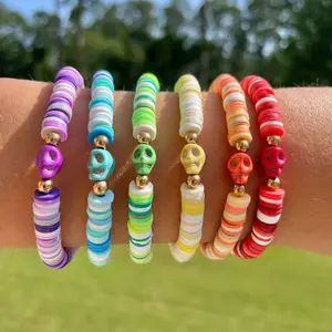 YOU PICK! - Colored Skull Clay Bead bracelet - Purple, Blue, Green, Yellow, Orange & Red - STRETCH