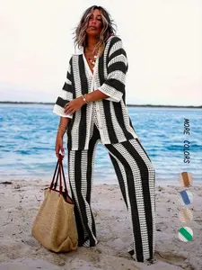 Women's Colorblock Striped Print Hollow Out Sweater Co-ord Set, Casual Button Front Shirt & Wide Leg Pants Set, Women's Knitwear for Daily Wear