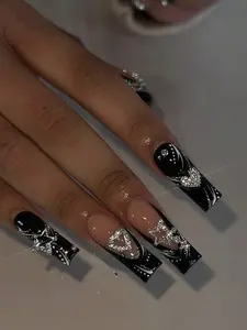 24pcs New Arrivals Black Gothic Girl Theme Full Rhinestone Decor Heart & Star Shaped Metal Studs, Team Style, Sweet & Cool Black Polka Dot & Striped, Golden Flash, With 1pc Nail Rubbing Tool & 1pc Jelly Nail Glue Press On Nails Nail Supplies