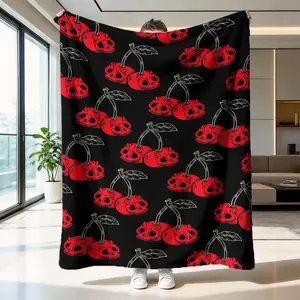 Cherry & Skull Pattern Blanket, Soft Touch Throw Blanket, Cool Bedroom Bedding Blankets, Gift for Punk Lovers and Trendy Friends